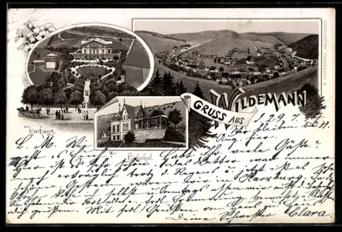 Vorläufer-Lithographie Wildemann, 1894, Kurhaus, Bahnhof, Teilansicht