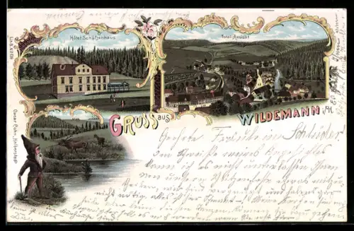 Lithographie Wildemann i. H., Hotel Schützenhaus, Totalansicht, Zwerg und Hirsch