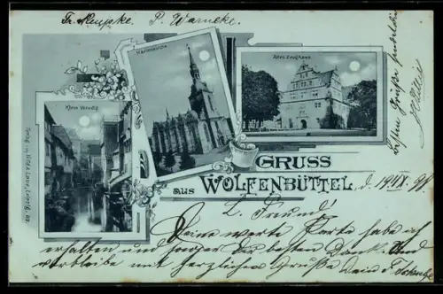Mondschein-AK Wolfenbüttel, Altes Zeughaus, Marienkirche, Klein Venedig