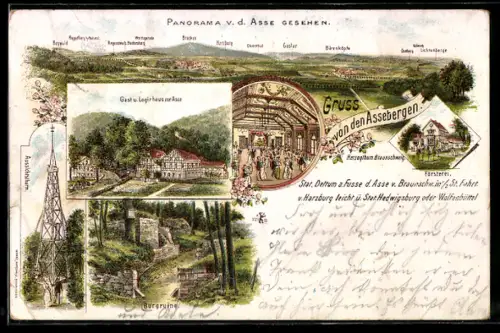 Lithographie Wittmar, Gasthaus zur Asse, Burgruine, Aussichtsturm