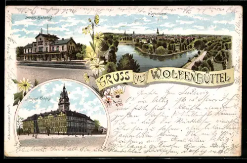 Lithographie Wolfenbüttel, Ortsansicht, Staats Bahnhof, Herzogl. Schloss