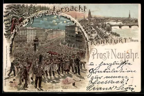 Winter-Lithographie Frankfurt /Main, Sylvesternacht auf der Zeil, Ortsansicht bei Sonnenuntergang