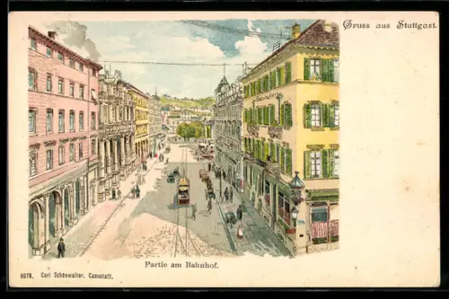 Lithographie Stuttgart, Strassenpartie am Bahnhof mit Strassenbahn