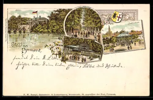 Lithographie Bad Pyrmont, Stahltrinkhalle, Helenenquelle, Haupt-Allee