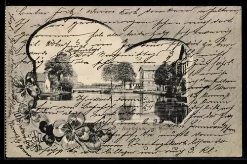 Lithographie Buxtehude, Am Moortor, Kleeblätter, Passepartout