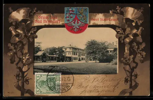 Lithographie Bad Nenndorf, Hotel Stadt Cassel, Wappen mit Eichenzweig, Passepartout