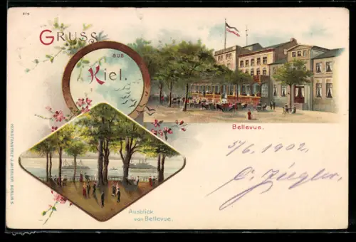 Lithographie Kiel, Gaststätte Bellevue, Ausblick von Bellevue