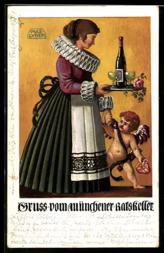 Künstler-AK Carl Kunst: München, Gasthaus Münchener Ratskeller, Kellnerin mit Amor