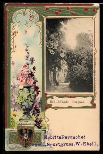 Passepartout-Lithographie Bielefeld, Burghof, Vase mit Blumen, Wappen