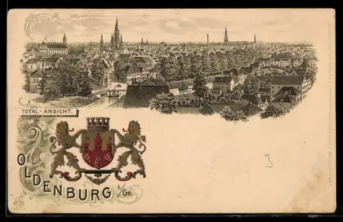 Lithographie Oldenburg i. Gr., Totalansicht und Wappen