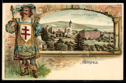 Passepartout-Lithographie Hersfeld, Stiftsruine und Kriegerschule, Krieger mit Wappen