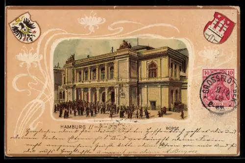 Passepartout-Lithographie Hamburg, Partie an der Börse, Wappen