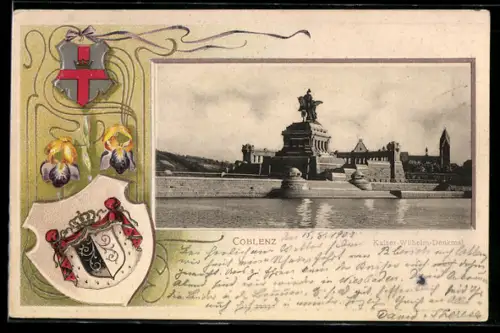 Passepartout-Lithographie Coblenz, Partie am Kaiser-Wilhelm-Denkmal mit Wappen