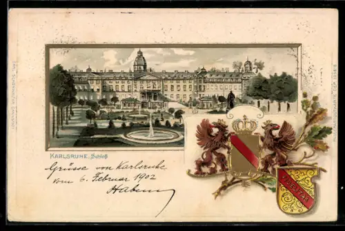 Passepartout-Lithographie Karlsruhe, Blick zum Schloss, Wappen