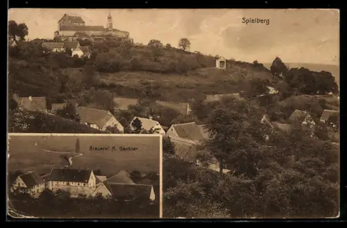 AK Spielberg, Brauerei A. Gentner, Totale des Ortes mit dem Schloss