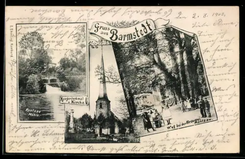 AK Barmstedt, Weg bei der Brauerei Rantzau, Rantzau Mühle, Kriegerdenkmal & Kirche