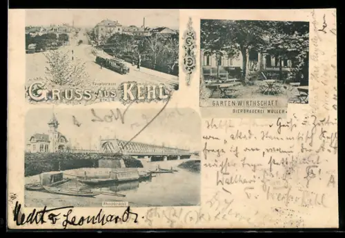 AK Kehl, Hauptstrasse, Gartenwirtschaft Bierbrauerei Müller, Rheinbrücke