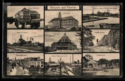 AK Herne, Zeche Friedrich der Grosse, Zeche v. d. Heydt, Zeche Shamrock I und II, Schäferstrasse, Bahnhof, Rathaus