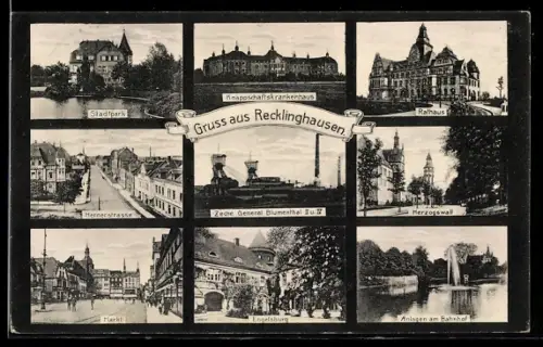 AK Recklinghausen, Zeche General Blumenthal II. & IV, Knappschaftskrankenhaus, Anlagen am Bahnhof