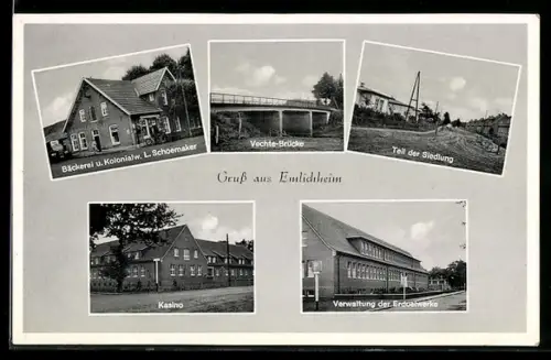 AK Emlichheim, Bäckerei und Kolonialwarengeschäft L. Schoemaker, Verwaltung der Erdoelwerke, Kasino