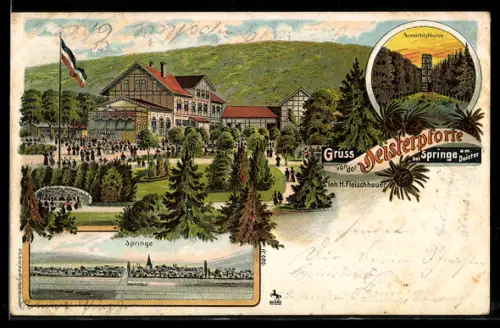 Lithographie Springe, Gasthaus Deisterpforte, Spaziergänger