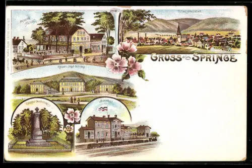 Lithographie Springe, Meyer`s Hotel, Kaiserl. Jagdschloss, Kriegerdenkmal, Bahnhof