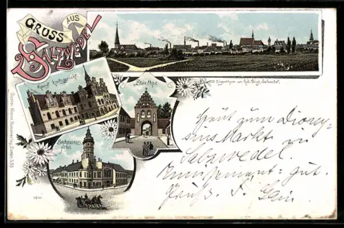 Lithographie Salzwedel, Beckmanns Hotel, Königliches Amtsgericht, Steintor