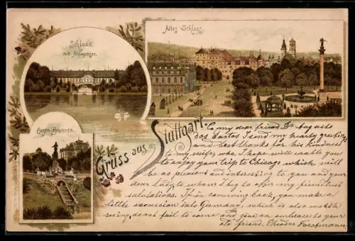 Lithographie Stuttgart, Altes Schloss, Schloss mit Anlagensee, Eugen-Brunnen
