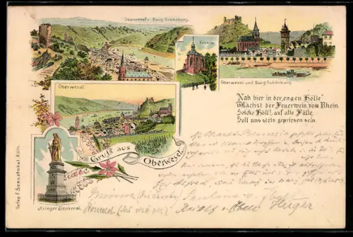 Lithographie Oberwesel, Kapelle, Burg Schönburg, Krieger-Denkmal