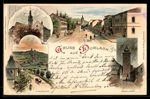 Lithographie Durlach, Baseltor, Turmberg, Prot. Kirche & Rathaus