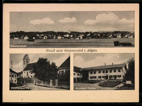 AK Geisenried, Brauerei Stocker, Strassenpartie mit Kirche