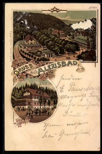 Lithographie Alexisbad, Totalansicht und Hotel zur Klostermühle