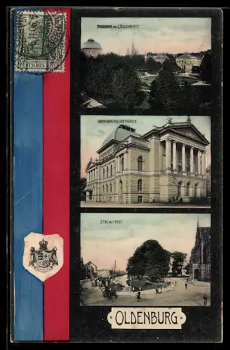 AK Oldenburg, Panorama am Cäcilienplatz, Hoftheater und Stau mit Post, Wappen im Passepartout