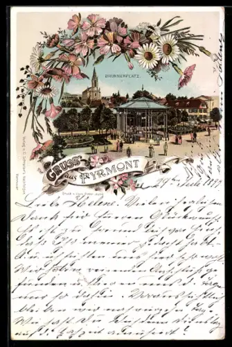 Lithographie Bad Pyrmont, Kurgäste auf dem Brunnenplatz, von Blumen gerahmt