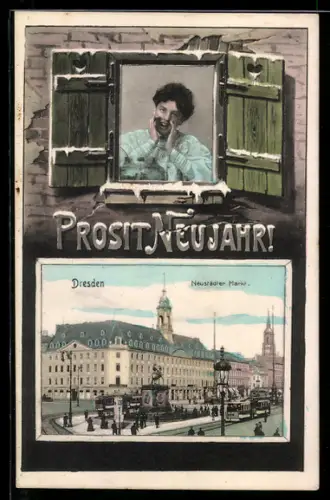 AK Dresden-Neustadt, Partie am Neustädter Markt, Frau ruft aus geöffnetem Fenster