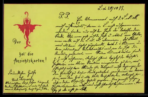 AK Rote Hexe mit Flügeln, Der hol` die Ansichtskarten!, Ansichtskartengeschichte