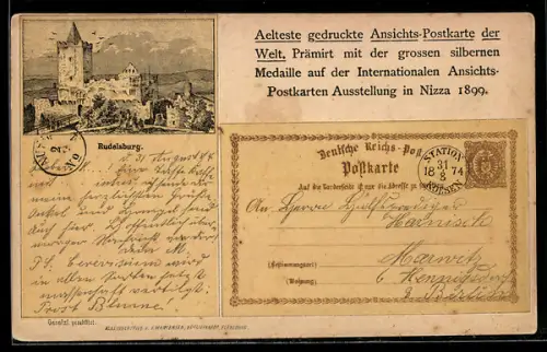 AK Älteste gedruckte Ansichtskarte der Welt mit Vogelschau auf die Rudelsburg, Ansichtskartengeschichte