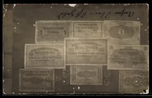 Foto-AK Besatzungsgeld in Ober-Ost, diverse Rubel-Scheine