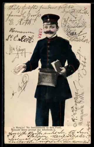 AK Briefträger mit Schnurrbart und Ansichtskarte in der Hand