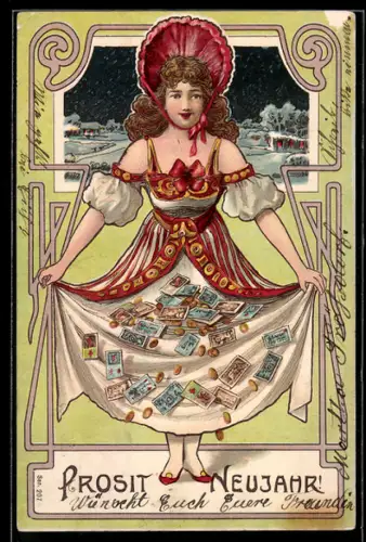 AK Frau fällt Geld aus dem Kleid