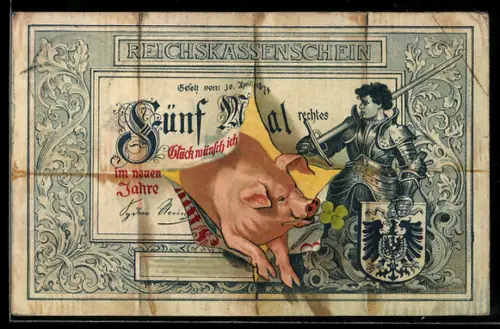 AK Schwein durchbricht Reichskassenschein 5 Mark, Ritter mit Wappen