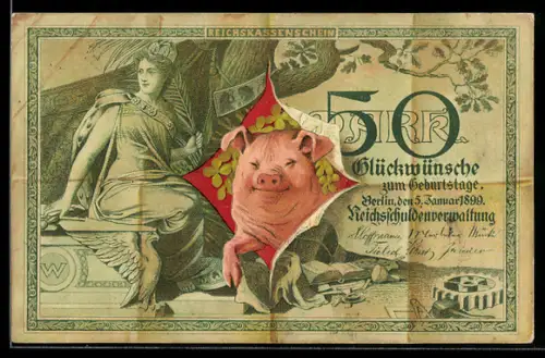 AK Berlin, Schwein platzt aus einem Geldschein 50 Mark