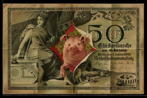 AK Berlin, Schwein platzt aus einem Geldschein 50 Mark