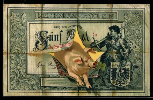 AK Schwein durchbricht Reichskassenschein 5 Mal Glück, Ritter mit Wappen
