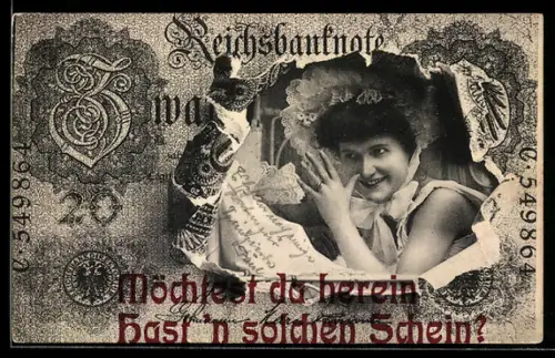 AK Reichsbanknote 20 Mark, Junge Dame mit Haube