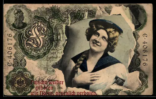 AK Reichsbanknote 50 Mark, Junge Dame in Matrosenanzug