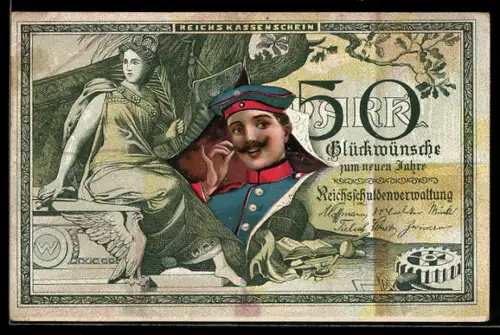 AK Reichskassenschein 50 Mark, Porträt eines Soldaten mit Schnurrbart