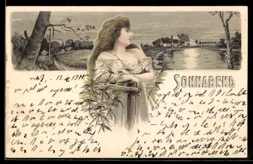 Lithographie Sonnabend, hübsches Mädchen beobachtet Sonnenuntergang