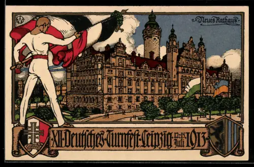 Künstler-AK Leipzig, Neues Rathaus, XII. Deutsches Turnfest 1913