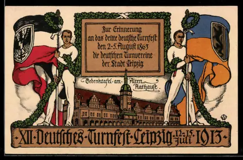 Künstler-AK Leipzig, XII. Deutsches Turnfest 1913, Gedenktafel am alten Rathaus